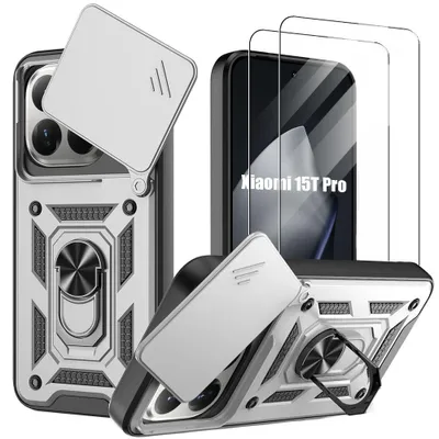Image de Coque + 2 Verres Trempés pour Xiaomi 15T Pro, Rigide avec Anneau et Protection Caméra Coulissante - Argenté
