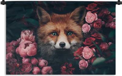 Produktbild von MuchoWow® Wandteppich Wandbehang Fuchs - Blumen - Tiere 90x60 cm Tapisserie Dekoration Wandtuch - Wandskulpturen - Bildteppich