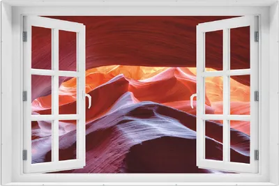 Produktbild von Wallario Wandbild mit Fenster-Illusion: Antelop Canyon USA  Kalksandsteingebirge in leuchtenden Farben, Größe: 61 x 91,5 cm, Poster mit rahmenlosen Bildhalter