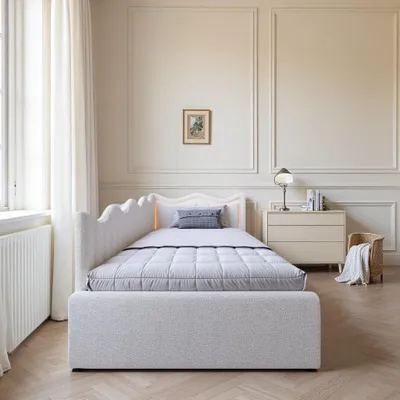 Produktbild von UnboxG Polsterbett 90×200 cm in Weiß, Teddy-Stoff – Kinder- und Schlafsofa mit LED-Beleuchtung, Stauraum und Gasdruckfeder