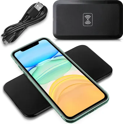 A smartphone and wireless charger are displayed on a white background.