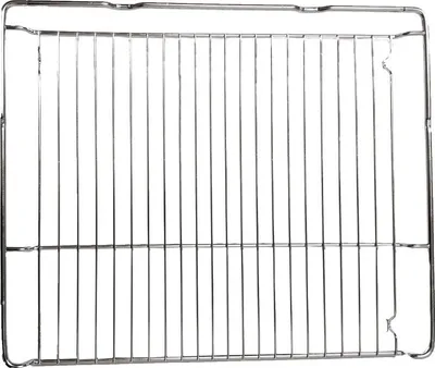 A silver oven rack on a white background.