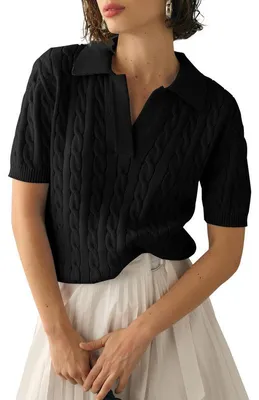 Produktbild von Damen-Kurzarmpullover mit Zopfmuster,einfarbig,mit Reverskragen und V-Ausschnitt,lässig,weich