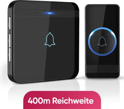 Produktbild von AVANTEK Funk-Türklingel mit 1 Empfänger - Schwarz - Reichweite 400 Meter - Wasserdicht - Batteriefrei - 52 Melodien