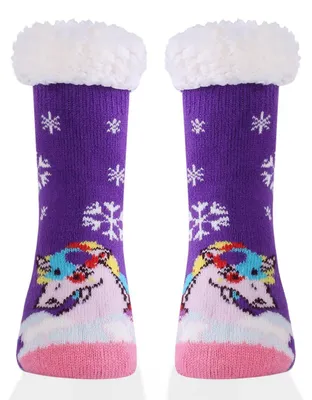 Produktbild von Kindersocken Thermo Haussocken für Kinder 8-12 Jahre Lila Einhorn Rutschfest Weich Warm Flauschig 95% Polyester 5% Elasthan