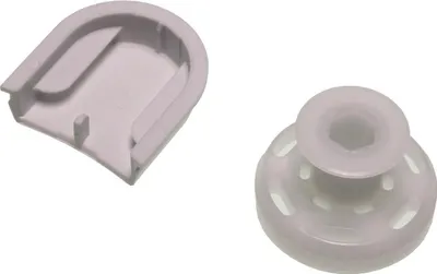 Two white plastic kitchen appliance parts shown on a white background.