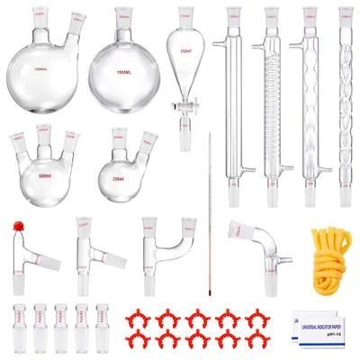 A collection of laboratory glassware and equipment arranged on a white background.