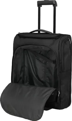 A black rolling travel bag with its main compartment open.