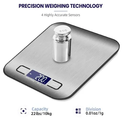 Produktbild von Digitale Küchenwaage Edelstahl mit LCD Anzeige Präzisionswaage für Küche Haushalt und Gastronomie Wiegebereich bis 10 kg Genauigkeit 1 g Batteriebetrieb