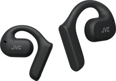 A pair of black JVC wireless sport headphones are shown against a white background.