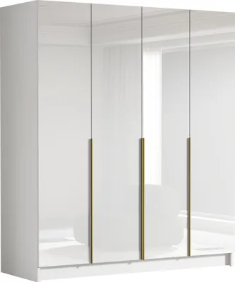 A white wardrobe with gold handles is shown in a studio setting.