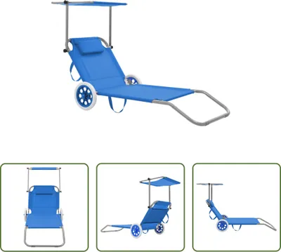 Immagine prodotto di The Living Store Lettino pieghevole con parasole e ruote in acciaio blu