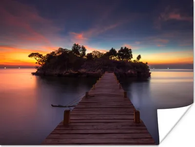 Produktbild von MuchoWow® Poster Sonnenuntergang - Brücke - Bäume - Wasser - Insel 80x60 cm - Kunst für zu Hause