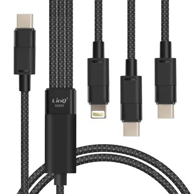 Image de LinQ, Câble USB-C vers Lightning + 2 USB-C 60W à charge rapide Longueur 1.2m, Noir