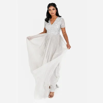 Produktbild von Kleid für Damen mit Empire-Taille, verziert mit Pailletten und einem Tüllrock, erhältlich in großen Größen, mit kurzen Ärmeln, geeignet als Brautjungfernkleid