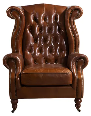 Zdjęcie produktu dla Brązowy fotel skrzydłowy w stylu Chesterfield do salonu