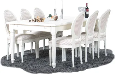 Produktbild von Amaretta Essgruppe 100x180/280 einschl. 2 Zusatzplatten antik weiß mit Rokoko Stühlen antik weiß/beige.