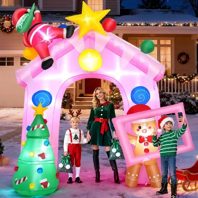 Image de 3.05m Arche de Noël gonflable rose avec éclairage LED - Design maison en pain d'épices - Décoration de Noël pour jardin extérieur