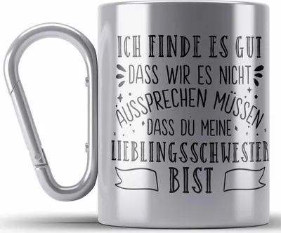 Produktbild von Trendation - Lieblingsschwester Edelstahl Tasse Karabiner Geschenk für Schwester Spruch Schwester Karabiner Edelstahl Tasse Karabiner Edelstahl Geschenkidee Sprüche (Silber)