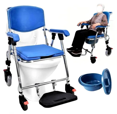 Produktbild von Klappbarer Duschstuhl mit Rollen, Toilettenstuhl für Senioren, fahrbar, mit Armlehnen und Rückenlehne, maximale Tragfähigkeit 150 kg