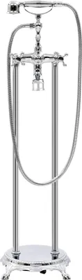 A freestanding bathtub faucet with a handheld showerhead.
