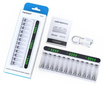 Produktbild von AA AAA Batterieladegerät - VC12 12-Schacht Ladegerät - Ni-MH Ni-Cd 1,2 V - USB 5 V 2 A Eingang - Intelligente Ladung - US-Stecker