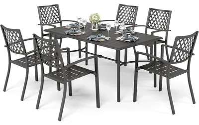 Productafbeelding van Tuinset, metalen, 6 stoelen met tafel. Rechthoekige eettafel. Stapelbare stoelen. Weerbestendig. Zwart. 170x96x74 cm