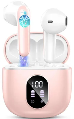 Zdjęcie produktu dla Słuchawki Bluetooth, bezprzewodowe, słuchawki douszne Bluetooth z 4 mikrofonami, bezprzewodowe słuchawki z technologią ENC redukującą szumy, głęboki bas, słuchawki douszne IP7, 50 godzin pracy na baterii, kolor różowy