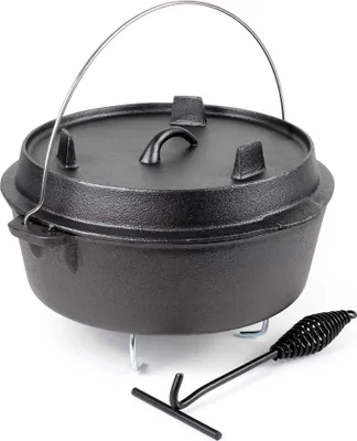Zdjęcie produktu dla Dutch Oven 8l z podstawką i podnośnikiem pokrywy, żeliwny garnek do gotowania na ognisku i kempingu