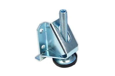 A single furniture foot with an adjustable screw and a black rubber base.