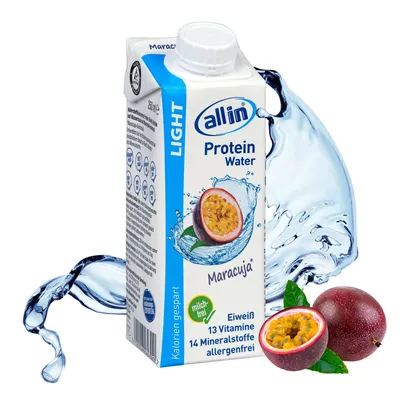 Produktbild von all in® LIGHT Protein Water Maracuja 14 x 250 ml | Kollagen | Low Carb | fettfreies Protein Wasser | allergenfrei