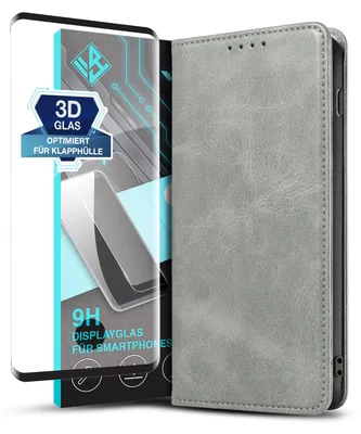 Produktbild von Handyhülle für Samsung Galaxy S10 mit 9H Displayglas Kunstleder Flip Cover Hülle Klapphülle Case Kartenfach Farbe: Grau