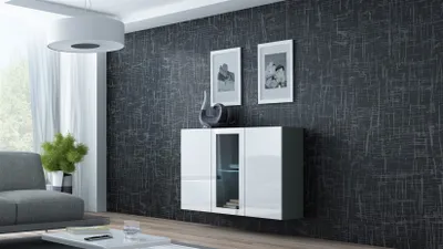 Produktbild von Sideboard Hängesideboard "LUGO" 120x38x90 cm Grau/ Weiss HGL mit LED