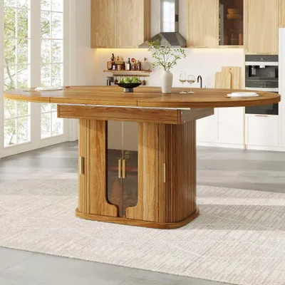 Productafbeelding van Eettafel van massief hout, uitschuifbaar met drie opbergvakken – stijlvolle eettafel en keukentafel, plaats voor maximaal 6 personen, uitschuifbaar tot ovaal, eettafel met glazen deuren, 118-158 cm, walnoot