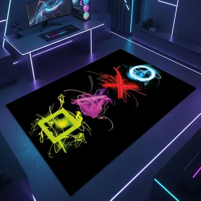Produktbild von Gaming Teppich mit neonfarbigen Symbolen auf schwarzem Hintergrund Größe - 80 x 150 cm