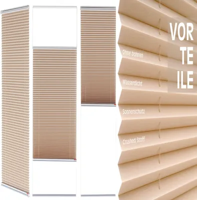 Produktbild von Plissee Rollo ohne Bohren Aluminium-Klebeleiste Beige Sichtschutz Fenster & Türe 110 cm-130 cm