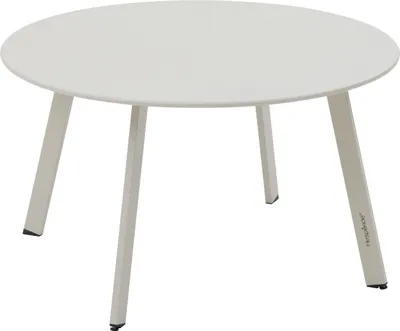 A white round garden side table with four legs.