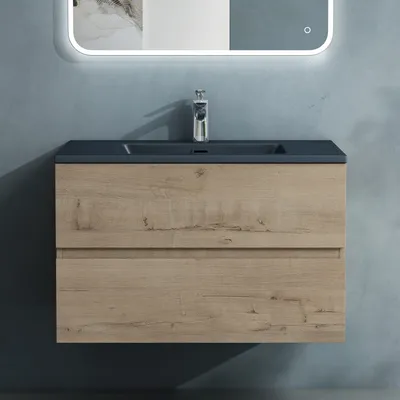 Produktbild von doporro Badmöbel-Set Waschbecken-Unterschrank Badezimmer Waschtisch mit Unterschrank BTH: 80x48x50 cm in Eiche Greige inkl. matt Anthrazit Mineralguss-Waschbecken Aqualis