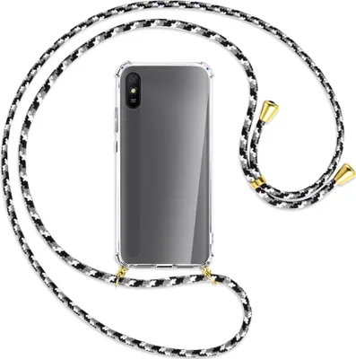 Produktbild von Handykette Backcover-Schutzhülle mit Band (Metall goldfarben) für Xiaomi Redmi 9A - schwarz/grau/weiß