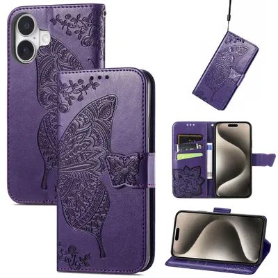 Produktbild von Für Apple iPhone 16 Kunstleder Wallet Handy Tasche Schmetterling Design Hülle Etuis Lila