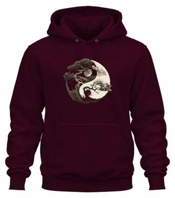 Imagen del producto de Sudadera con capucha uni, diseño "Árbol de la vida", símbolo Yin Yang, luna, Zen, equilibrio, naturaleza, meditación, yoga. Color: burdeos. Talla: S