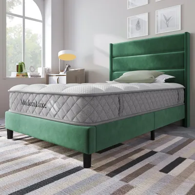 Produktbild von Polsterbett 90 x 200 cm, Bettgestell mit Lattenrost & Kopfteil, gepolstertes Doppelbett, Textilbezug Samt in Dunkelgrün, Zeitloses modernes Design, Jugendbett (Mit Matratze)