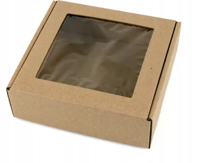 Produktbild von 15x15x5 cm Box mit Fenster quadratisch - Eco braun - 5er Set, Schachtel mit Fenster, Verpackung mit Sichtfenst