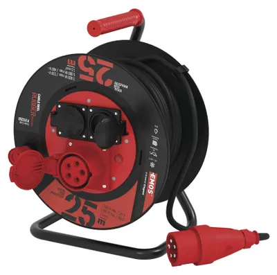 Venkovní prodlužovací kabel na bubnu 25 m / 3 zásuvky / černý / guma / 230V/400V / 1,5 mm2