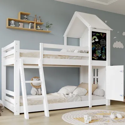 A child's bedroom with a white bunk bed designed like a house, featuring a chalkboard on the side.