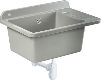 A grey sink with a drainboard and white plumbing attached, isolated on a white background.