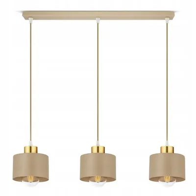 A three-light pendant chandelier with beige fabric shades and gold accents, suspended from a light wood-colored bar.