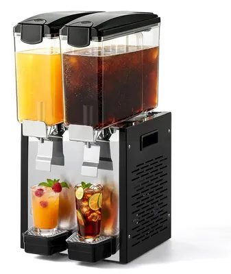 Obrázek produktu pro VEVOR Elektrický dávkovač nápojů, 2 x 10 litrů, 7-12 °C, dávkovač džusů s nádobami z PC, vhodný pro restaurace, hotely, bary a kiosky, s míchacím mechanismem pro rovnoměrné promíchání, tlakovým spínačem a odkapávací miskou
