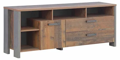 Lowboard Unterkommode CLIF in Old Wood Vintage mit offenen Fächern, Türen und Schubladen, Gesamtansicht von vorne.