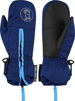 A pair of blue children's mittens shown from the front and back.